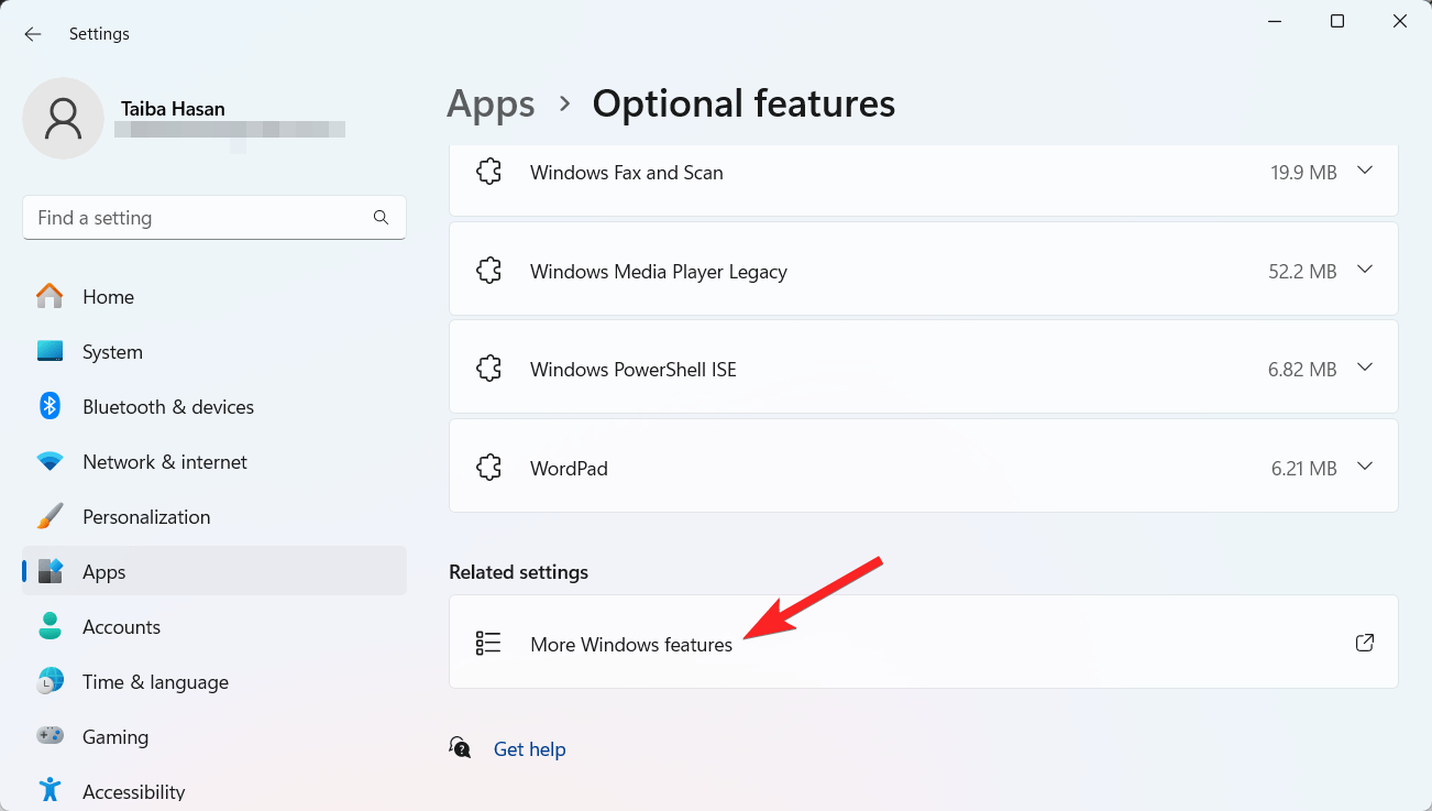 Seleziona Altre Funzionalità di Windows