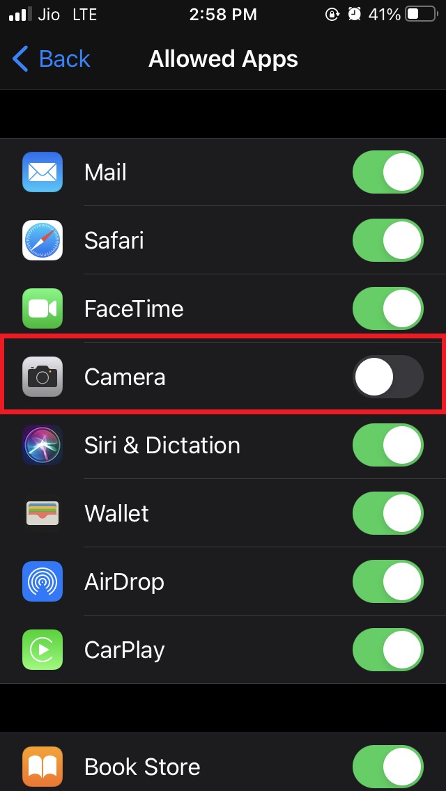 désactiver l'appareil photo dans les applications autorisées