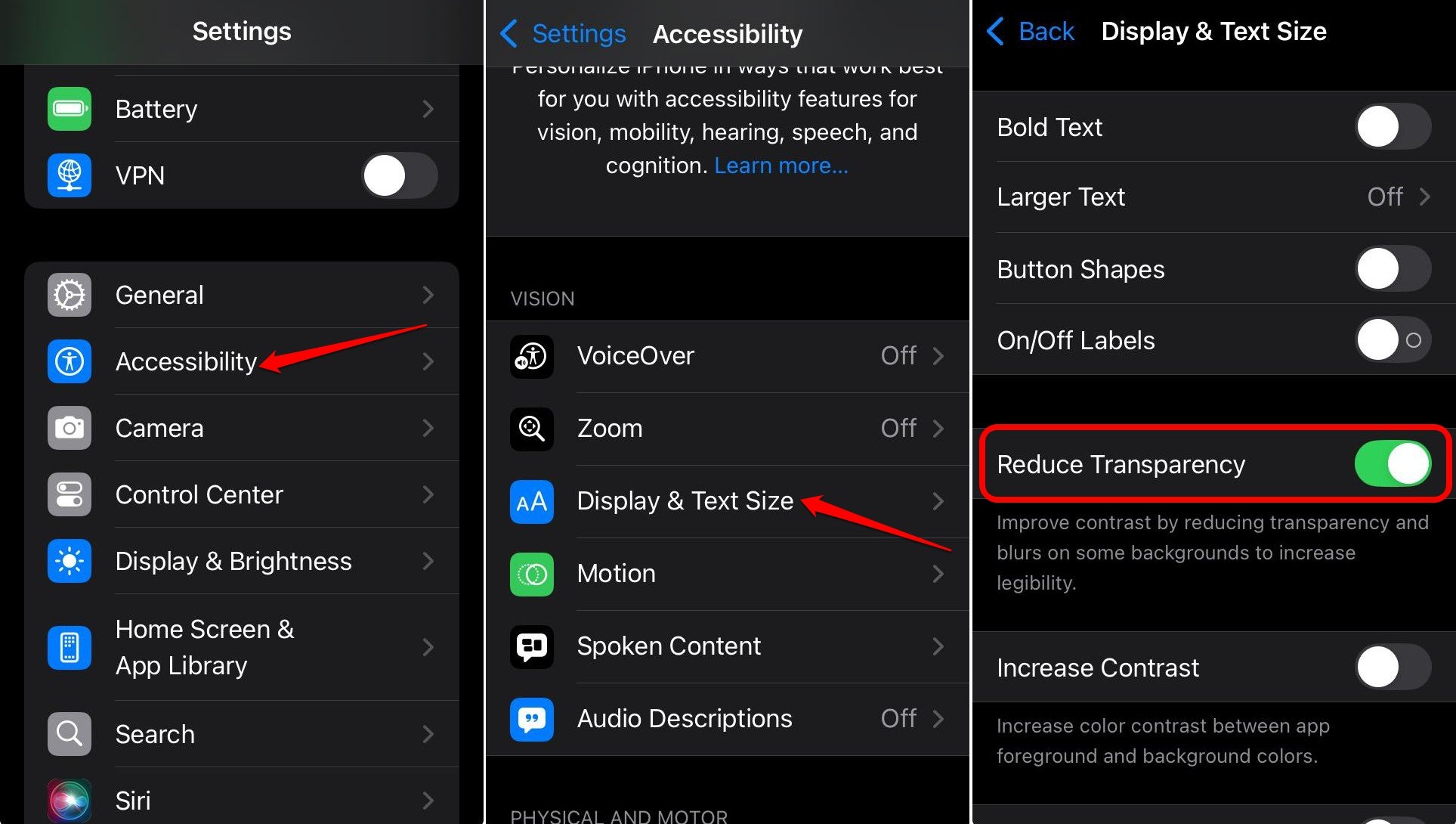 activer la réduction de la transparence sur iOS