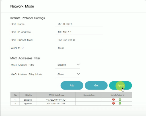 Paramètres de Filtre d'Adresse MAC