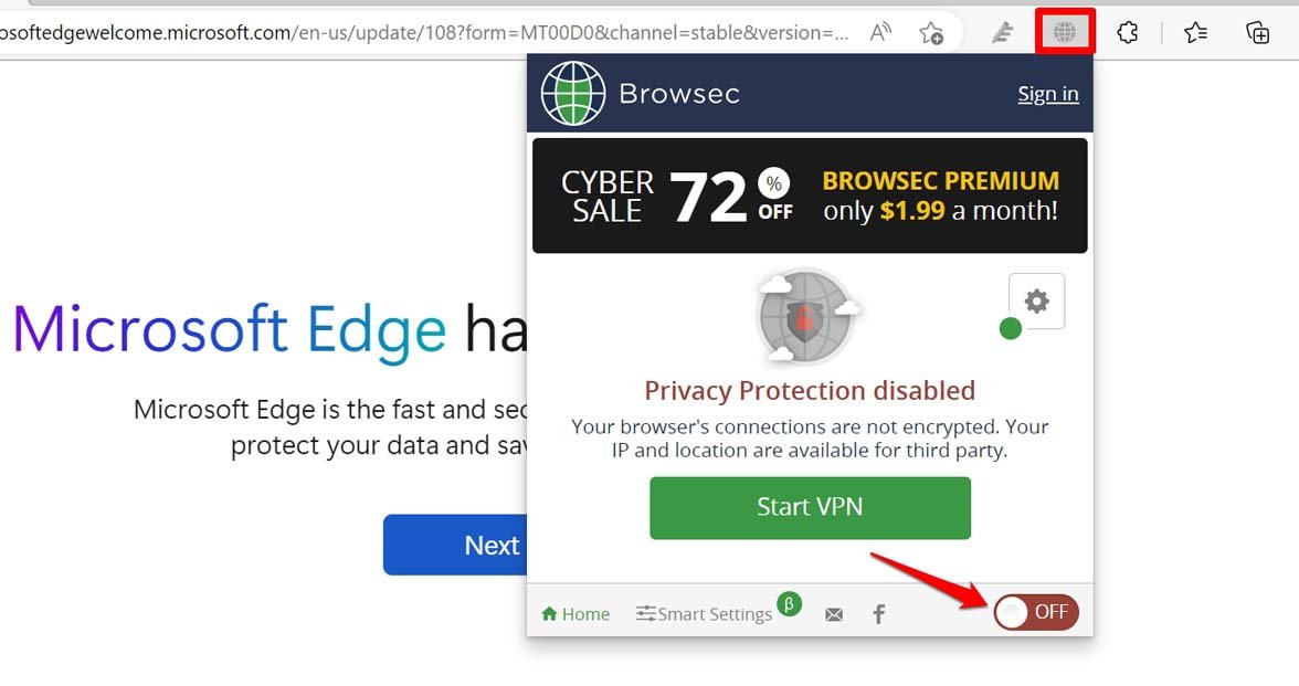 EdgeブラウザでVPNをオフにする
