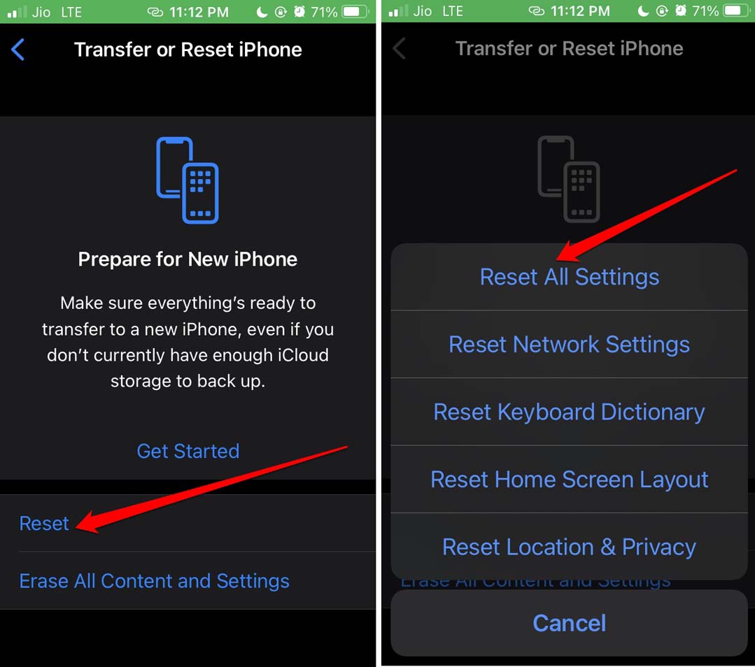 reset all settings