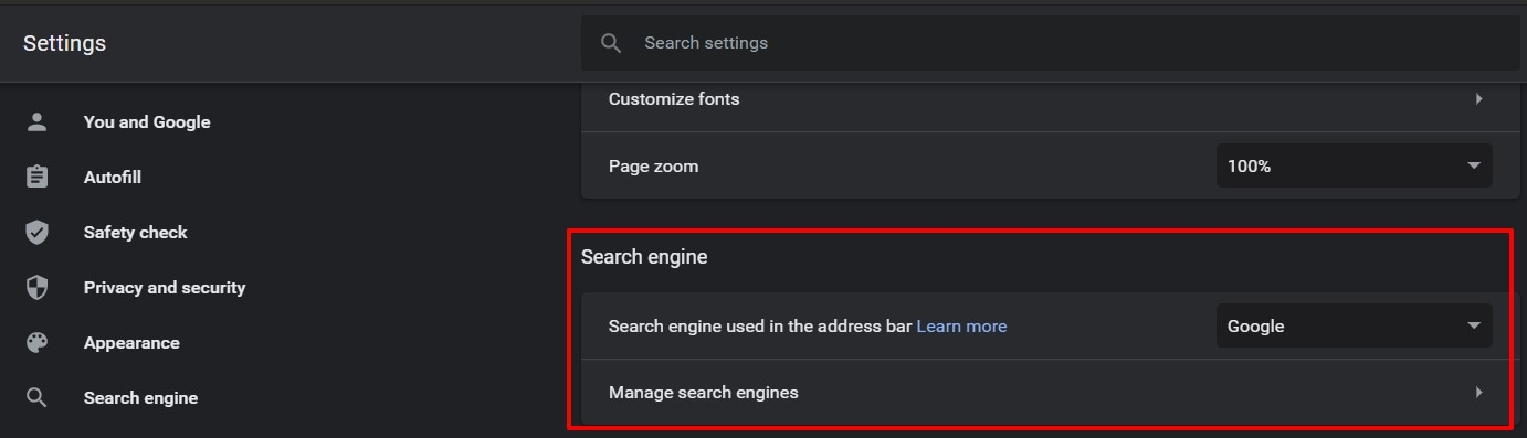 motore di ricerca nel browser chrome