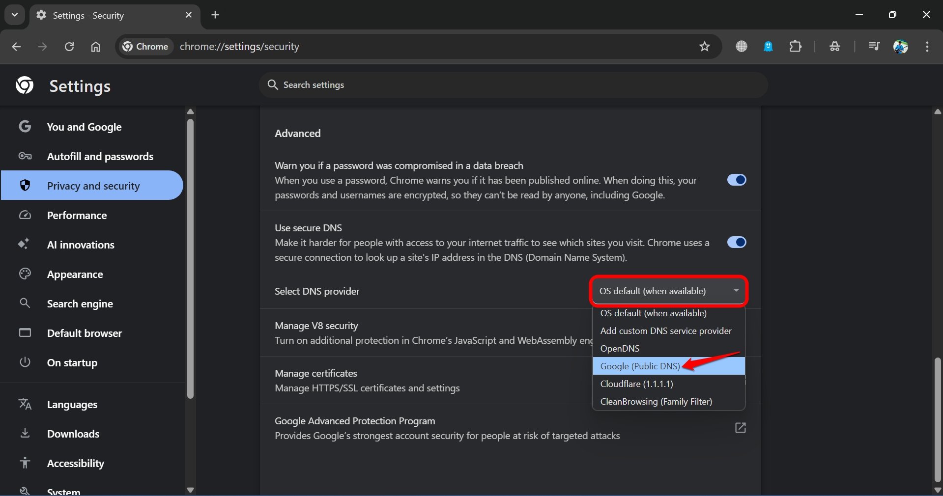ChromeでDNSを変更