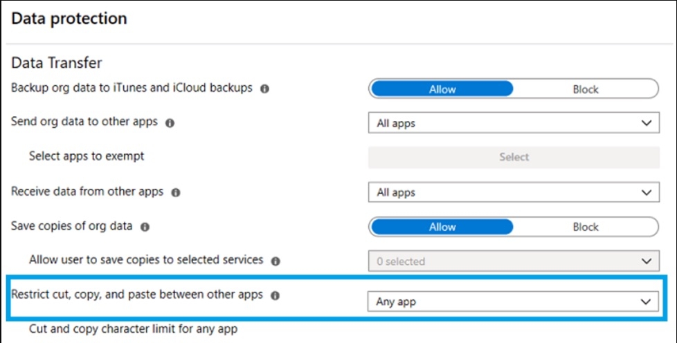 Gerenciamento de Políticas do Microsoft Intune - Os Dados da Sua Organização Não Podem Ser Colados Aqui