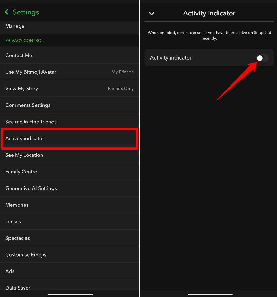 desactivar indicador de actividad en Snapchat