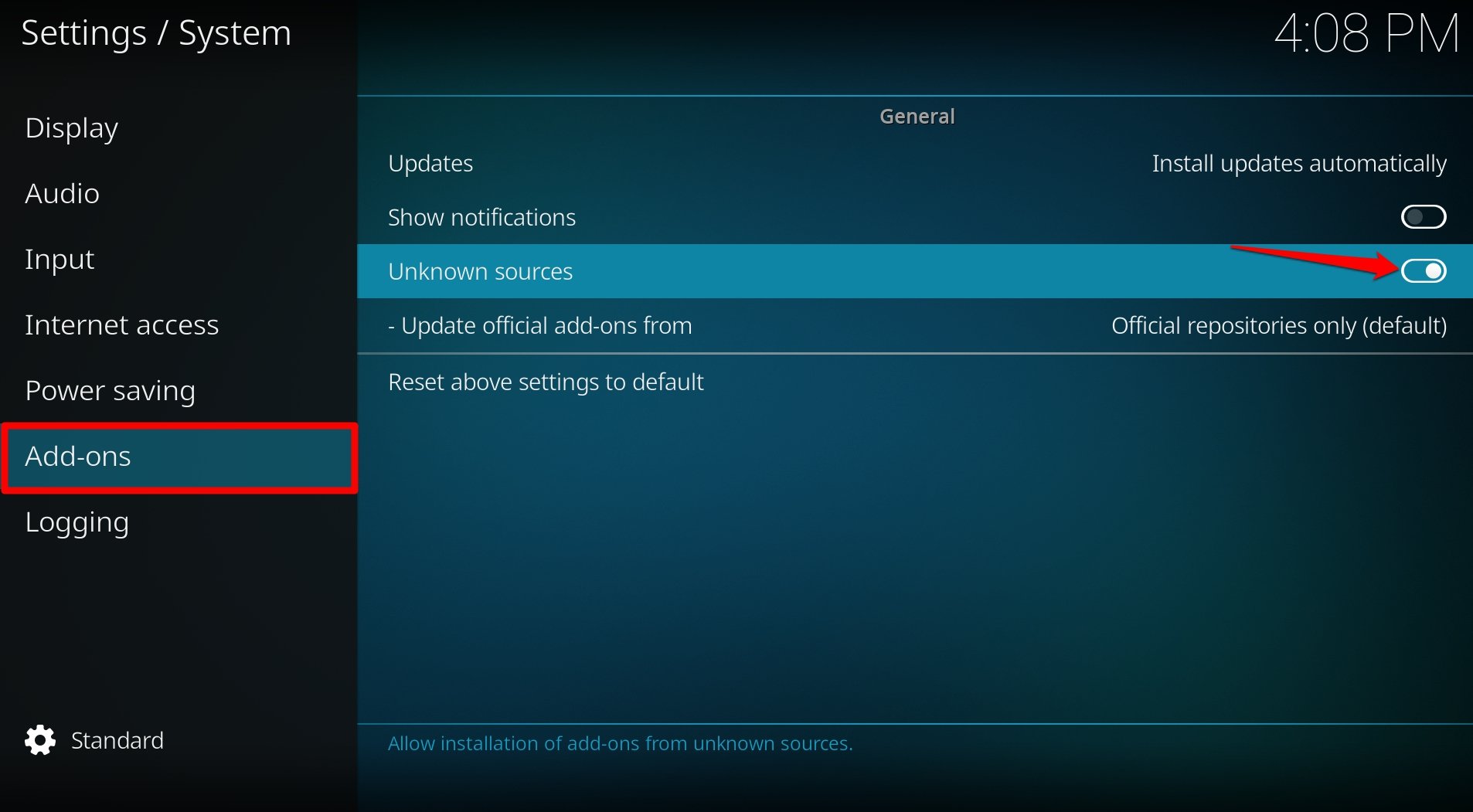 habilitar add on de fontes desconhecidas no kodi