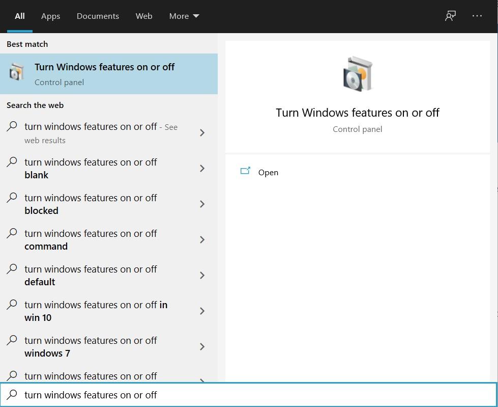 attiva o disattiva funzionalità di Windows