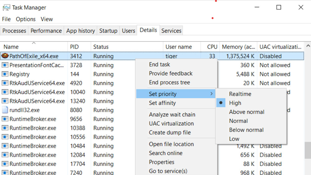 Imposta alta priorità nel Task Manager