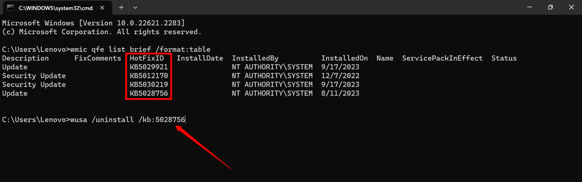 コマンドプロンプトを使用してWindowsソフトウェア更新をアンインストールする
