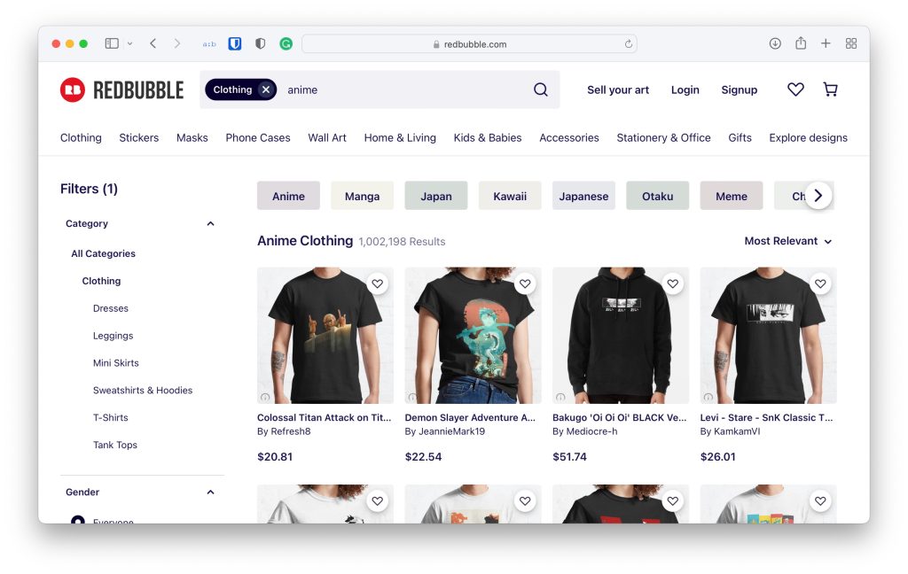 Redbubble - Лучшие бренды/сайты одежды по аниме