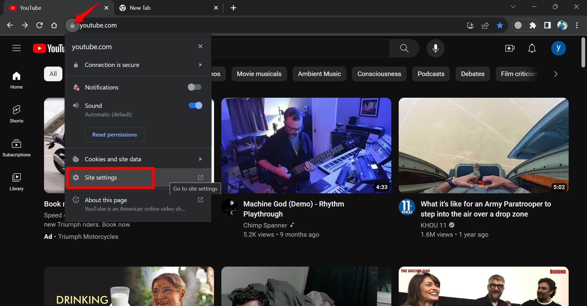 configuración del sitio de YouTube