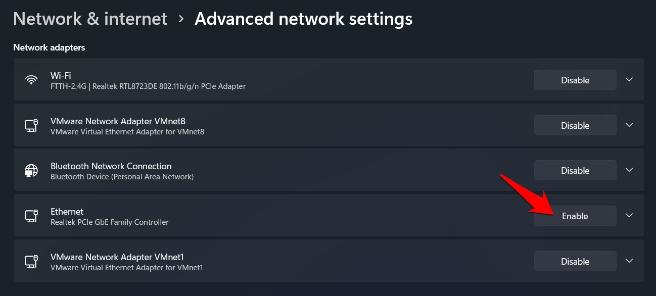 habilitar ethernet a través de la configuración de Windows 11