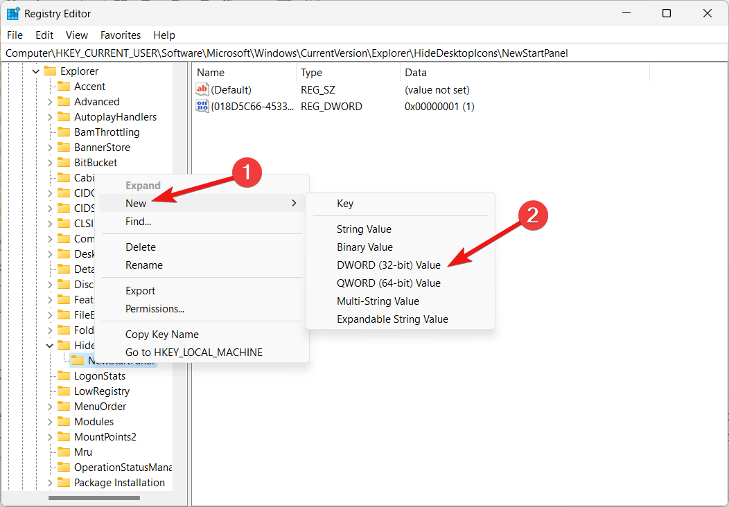 Crea un nuovo valore DWord 32 bit