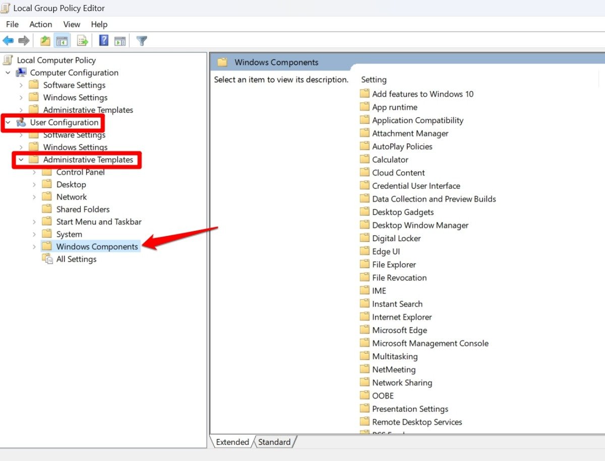 componenti di Windows all'interno della configurazione utente