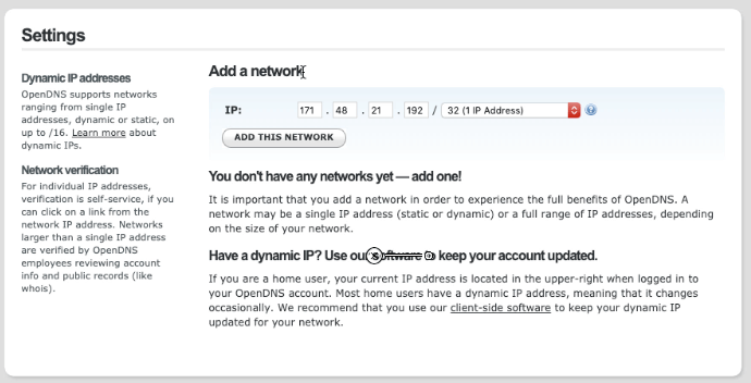 OpenDNS 네트워크 IP 주소 추가