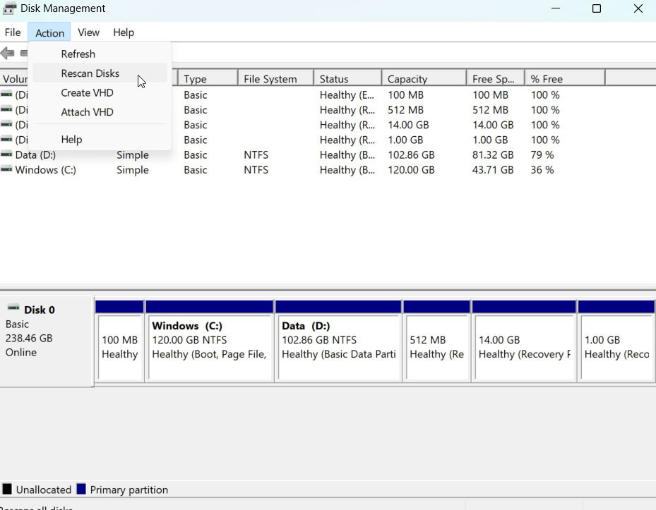 Riesaminare i dischi in Gestione disco - Errore 0x800701B1 su PC Windows