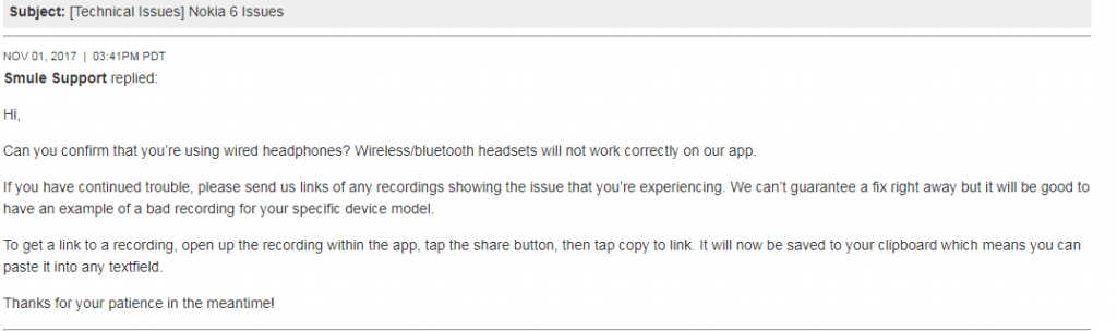 Email sui problemi audio di Smule Sing