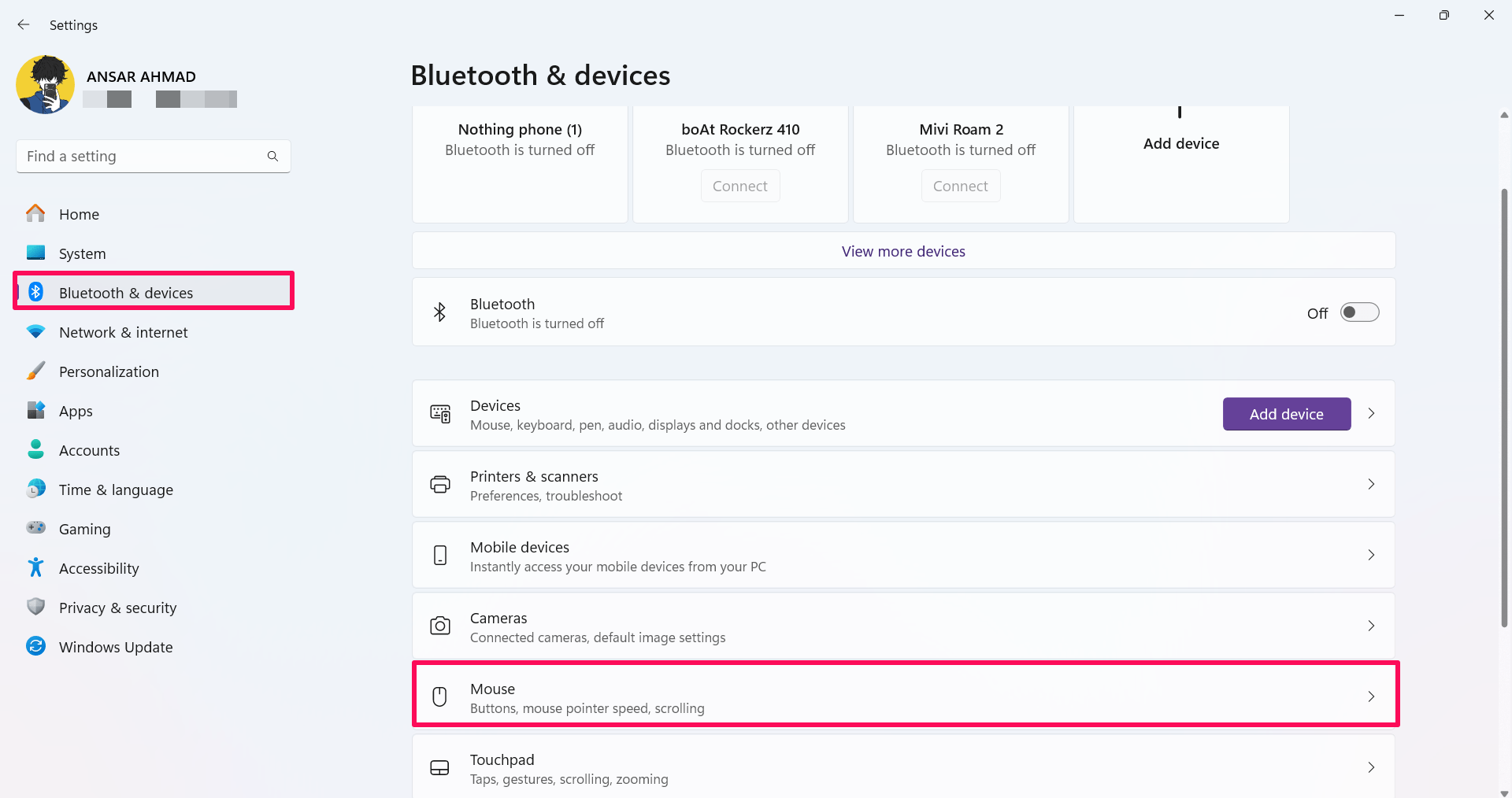 Clicca su Bluetooth e dispositivi e scegli Mouse