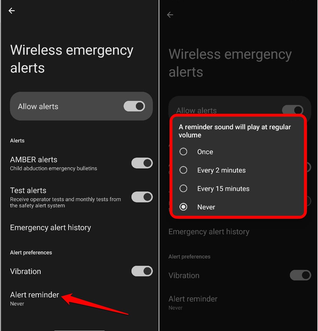 Verwaltung der Warnungserinnerung für drahtlose Notfallwarnungen auf Android