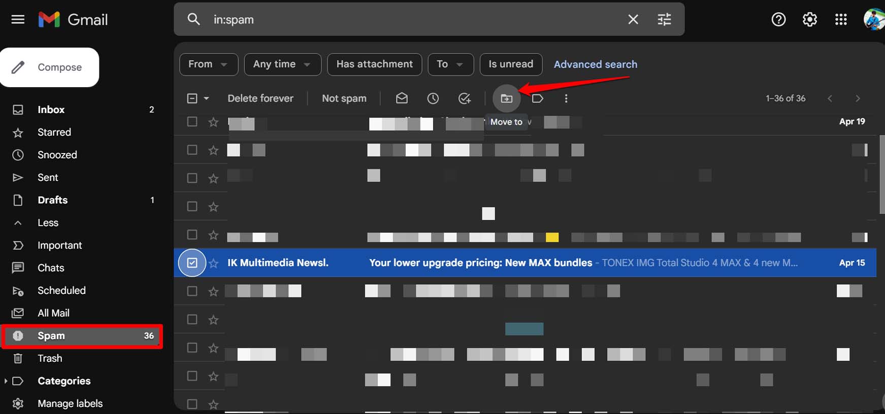 mover correo electrónico de Spam a bandeja de entrada en Gmail