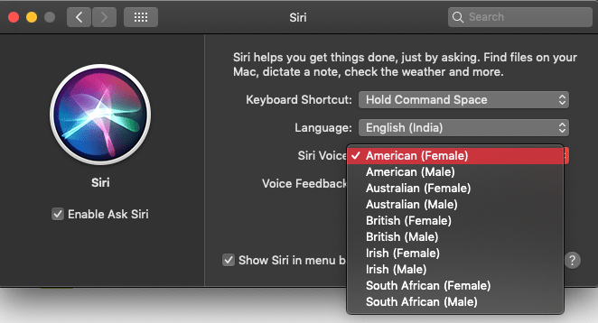 Cambiar la región y el género de la voz de Siri en Mac
