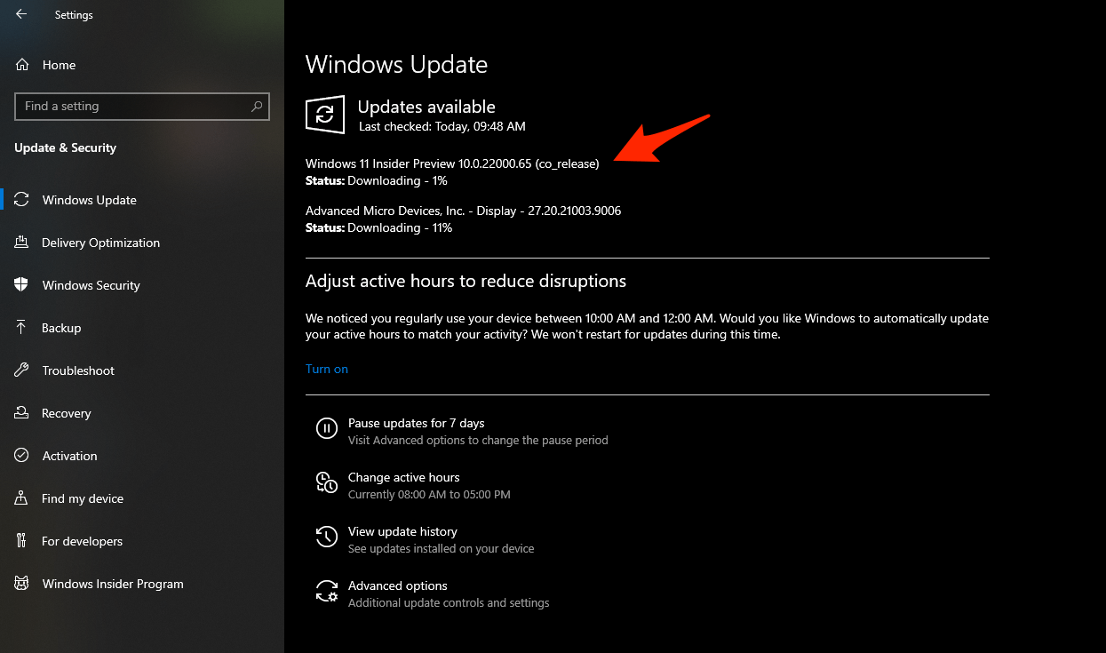 Torna indietro e poi vai su Windows Update. Dovresti trovare Windows 11 Insider Preview nell'elenco