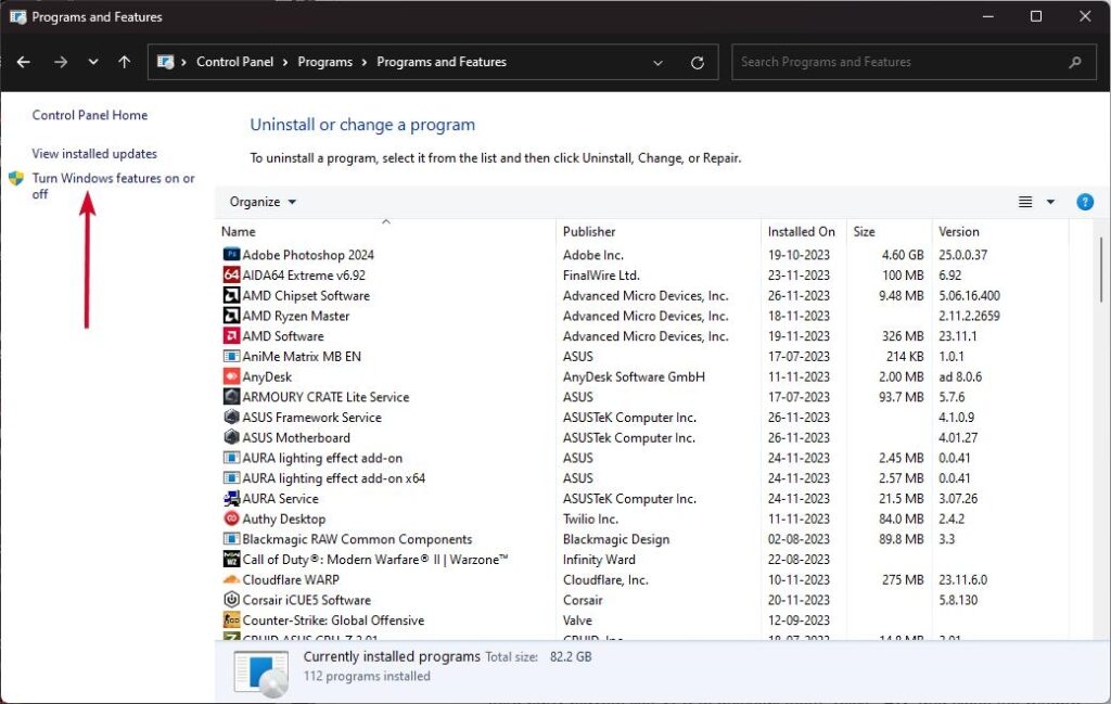 Control Panel - Turn Windows features on or off