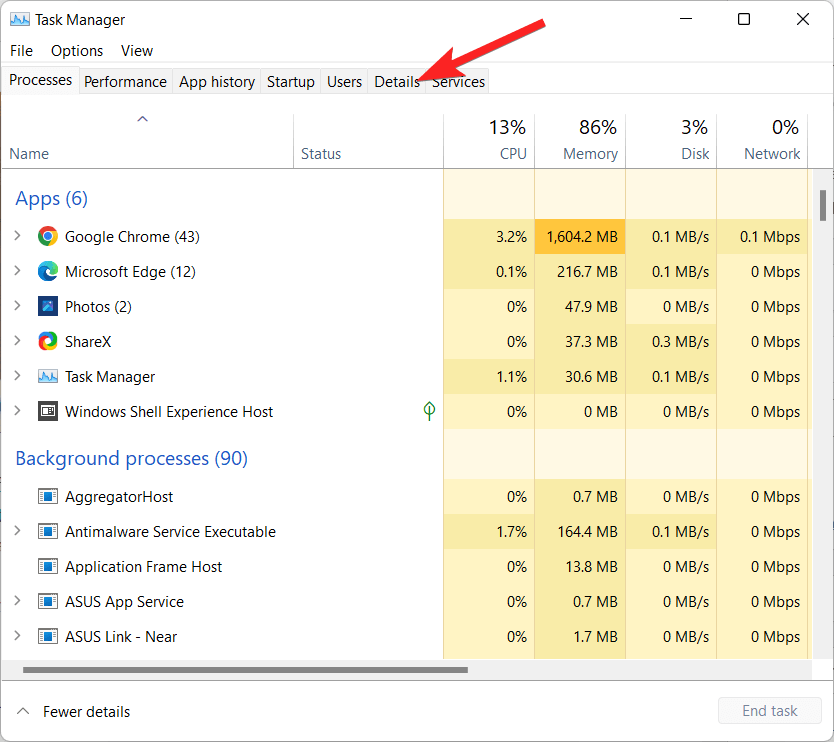 Passa alla scheda dettagli della Task Manager