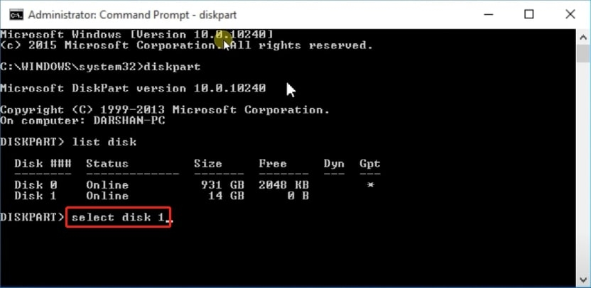 Seleccionar Disco - Convertir MBR a GPT sin pérdida de datos a través del símbolo del sistema