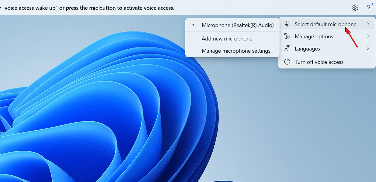 Selecionar microfone padrão no menu de configurações