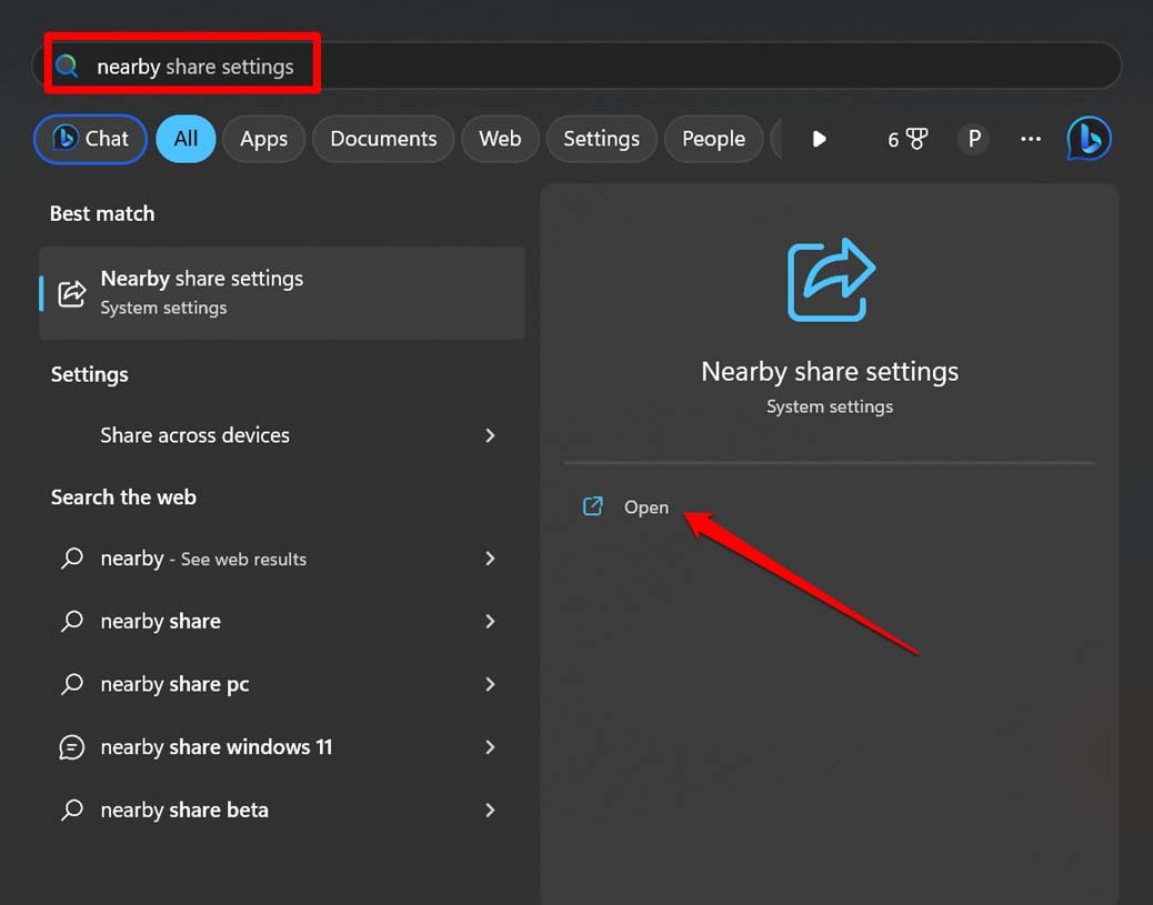 Configurações de compartilhamento próximo do Windows