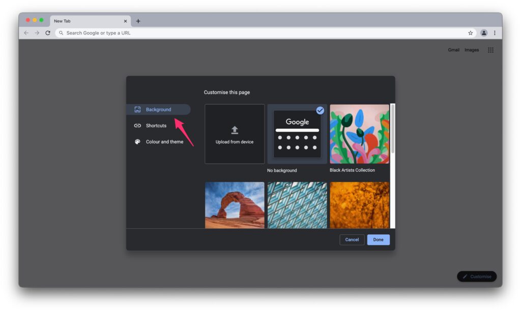 Изменить фон Google в Google Chrome