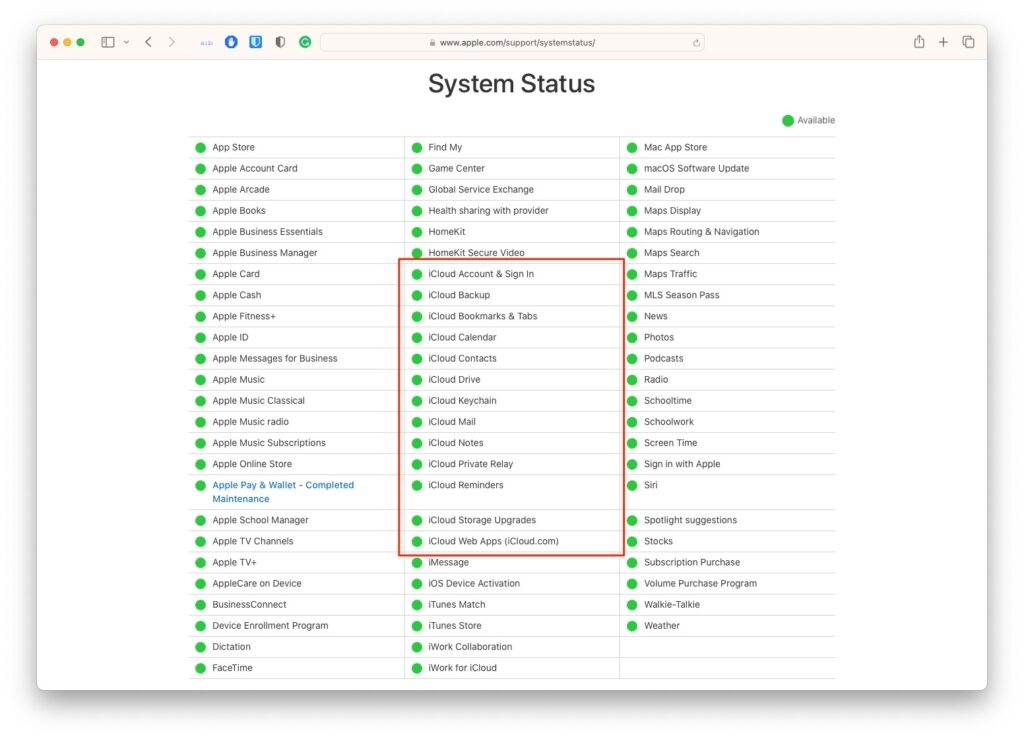 État du système iCloud - Erreur de connexion à iCloud sur Mac