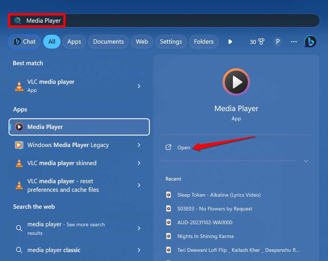 avvia Windows media player