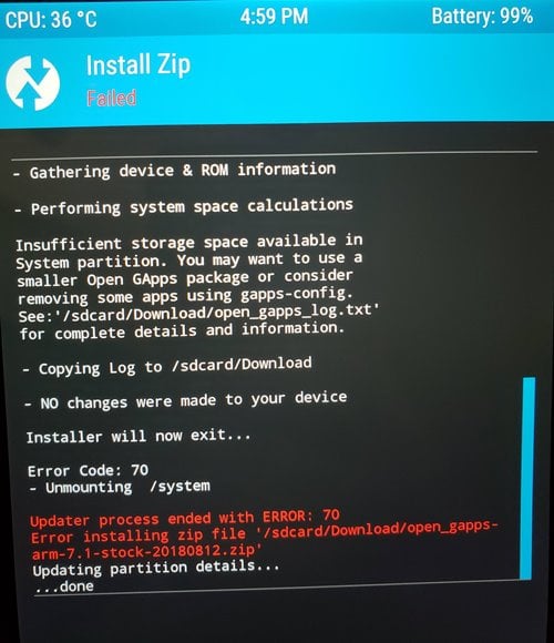 Errore 70 Durante l'Installazione di Gapps in TWRP