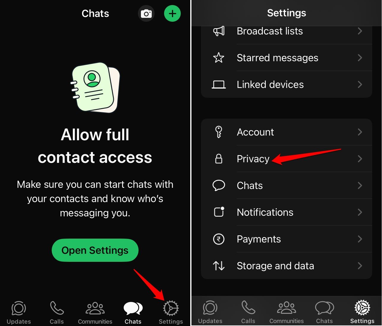controlli sulla privacy di whatsapp iOS