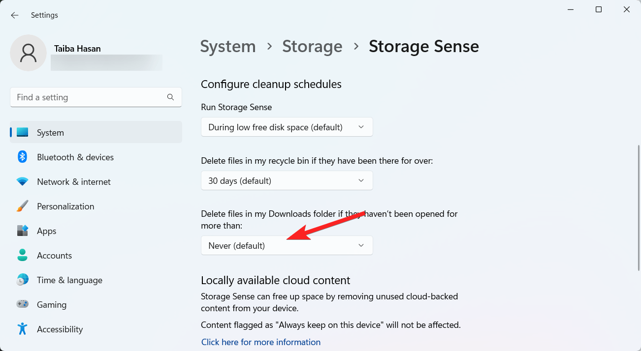 Paramètre de suppression des fichiers dans mon dossier de téléchargement pour Storage Sense