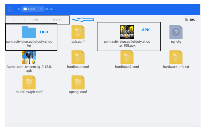 OBB und APK im Share1-Ordner