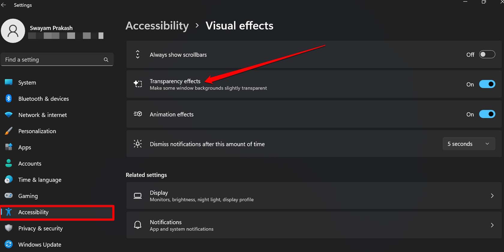 habilitar efeitos de transparência para o Windows OS