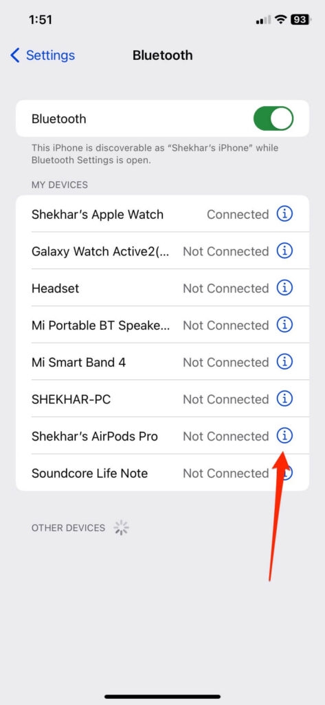 Bluetooth Settings in iPhone - Remove AirPods From Apple ID