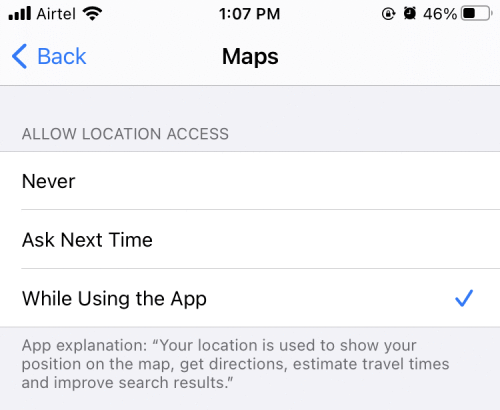 localisation Lors de l'utilisation de l'application