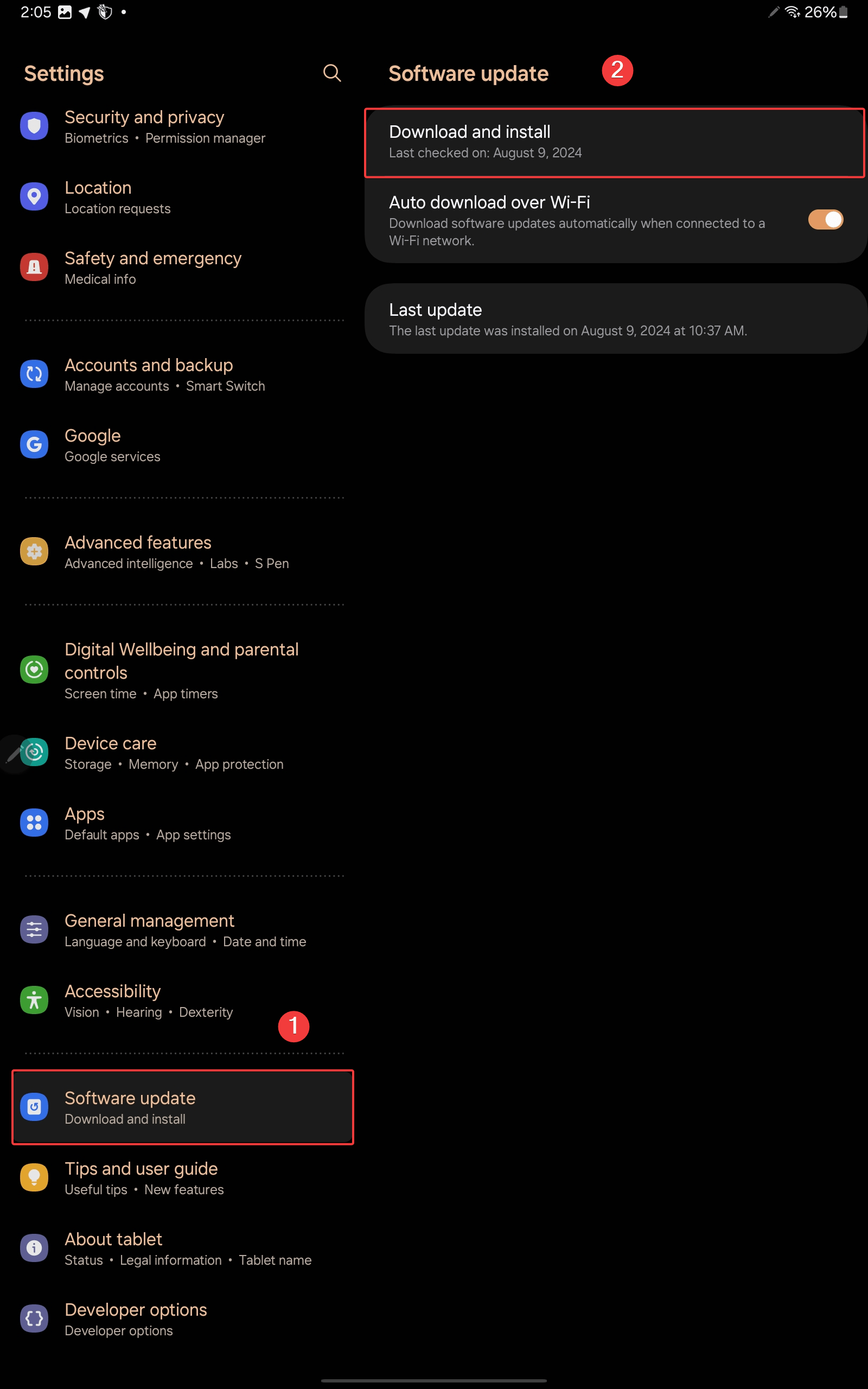 Atualizações de software > Baixar e instalar