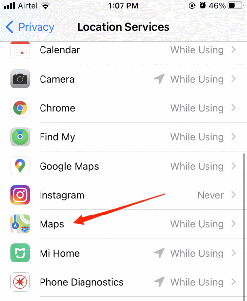 Nach unten scrollen und Apple Maps finden