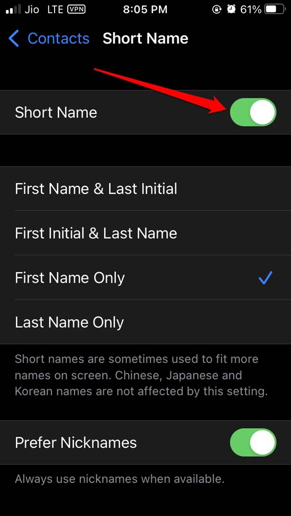 Nom court iOS Contacts