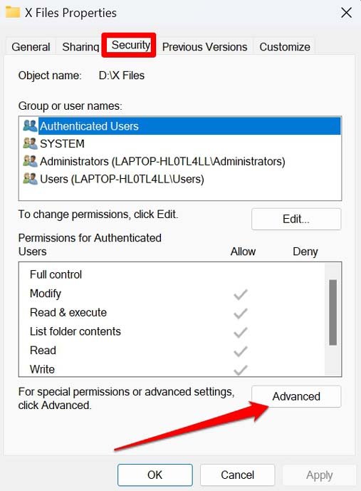 impostazioni di sicurezza avanzate della cartella Windows 11