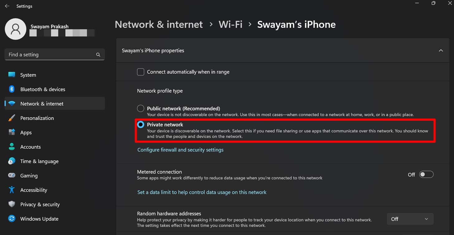 definir rede privada para rede WiFi