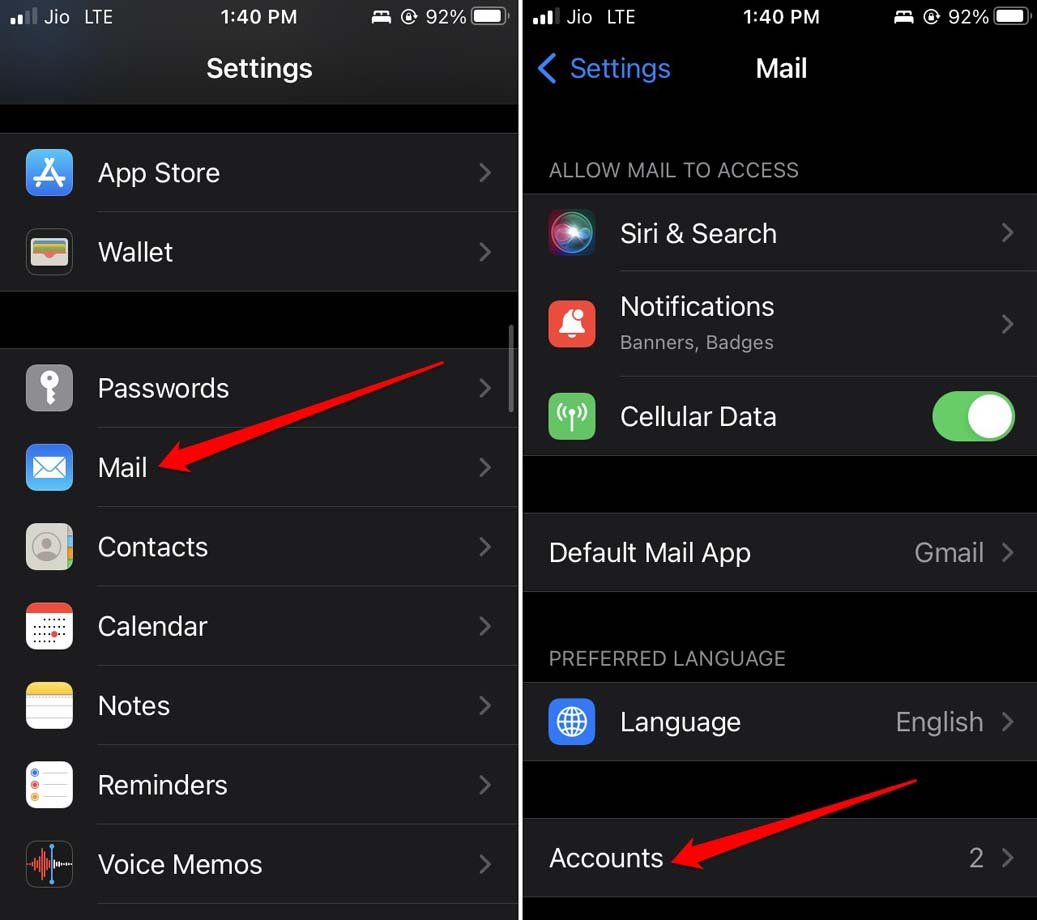 comptes connectés dans l'application Mail