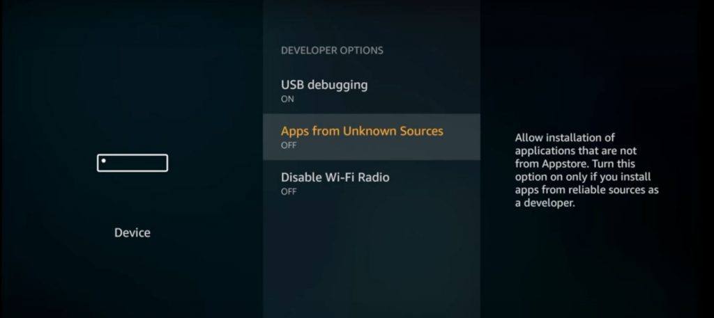 Fire TV Unbekannte Quellen aus Entwickleroptionen