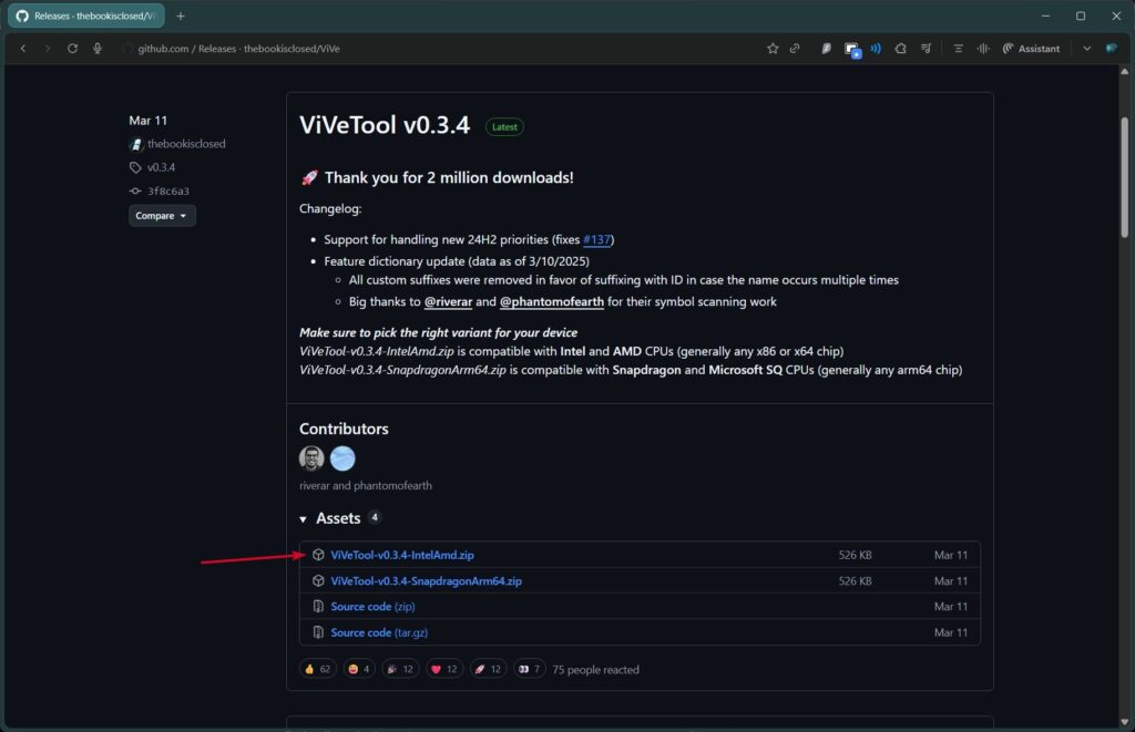 ViVeToolをダウンロード